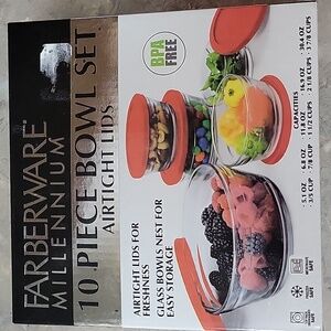 Farberware Millennium 10-piece glass food storage bowl set with airtight red lid